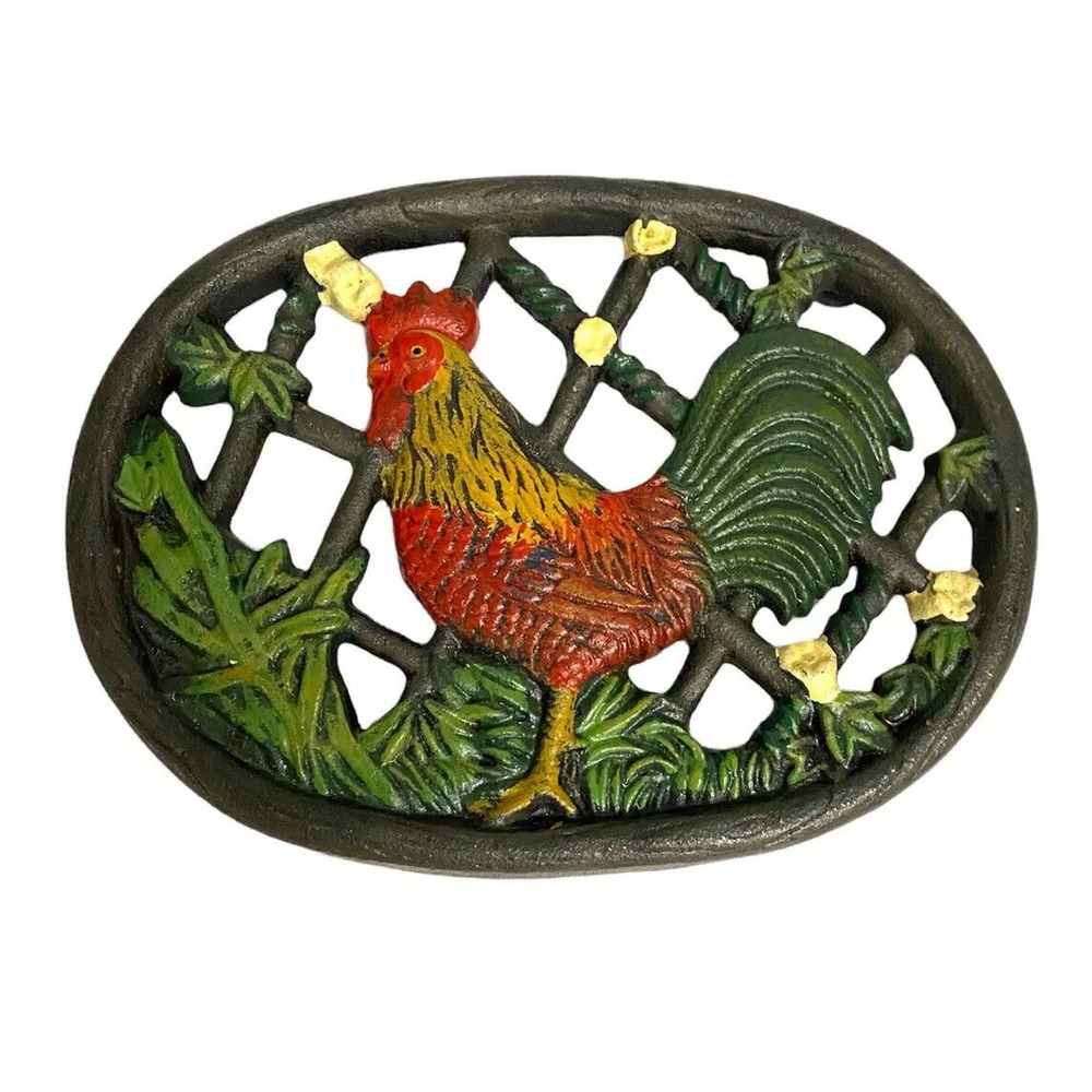 Vintage Cast Iron Rooster Trivet Oval Hand Painted Farmhouse Kitchen Decor 9x6